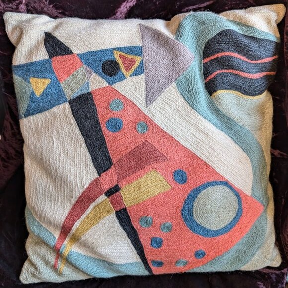 Kandinsky Style Wool Chainstitch Crewelwork Decorative Accent Pillow - Picture 3 of 15